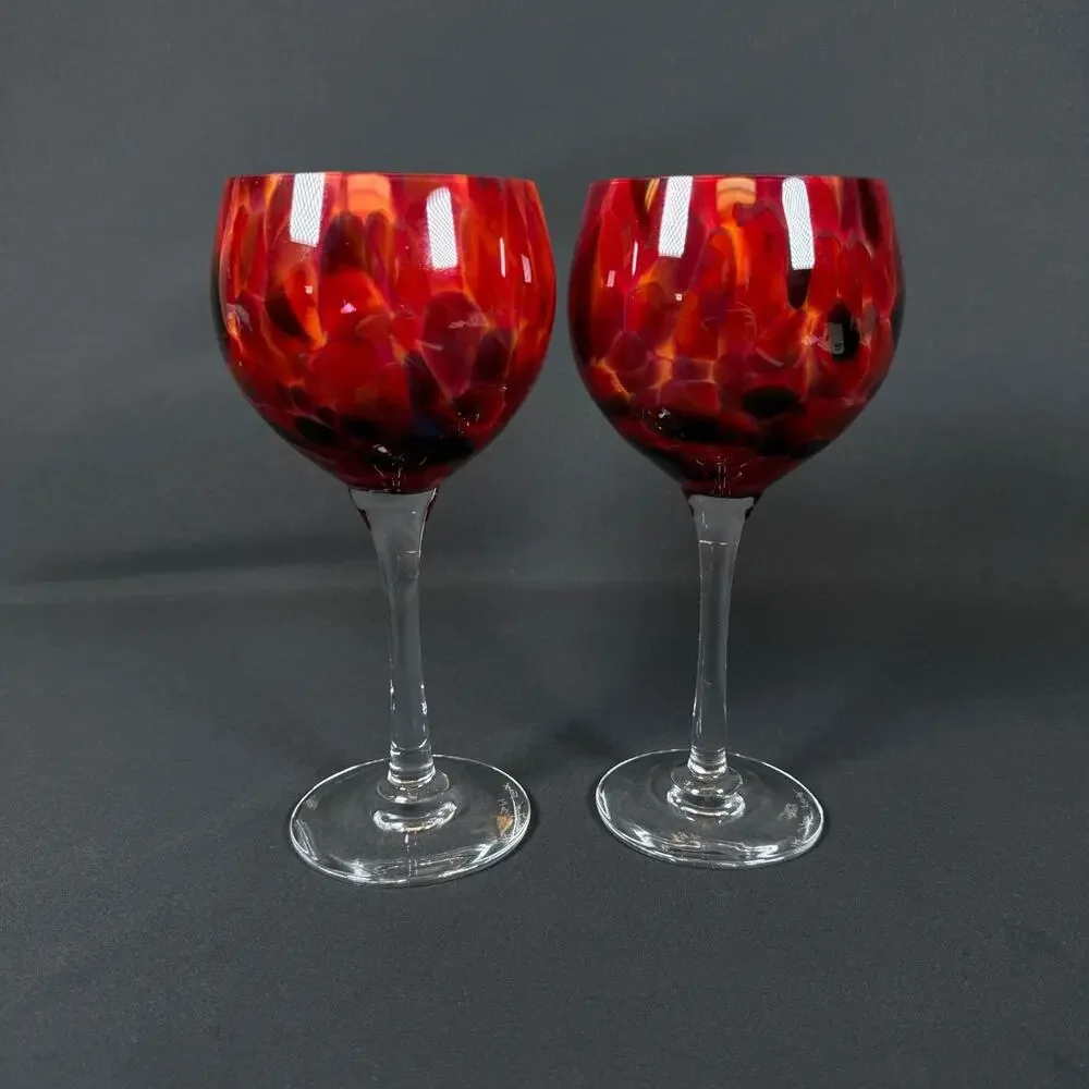 Lot of 2 Crystal Glass Wine Goblets Red Orange Swirl Signed studio art craft